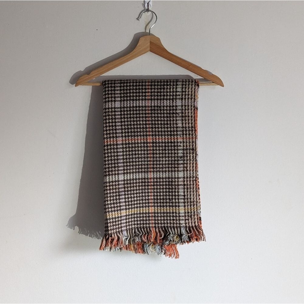 Brown Orange Houndestooth Plaid Fringe Scarf Muffler